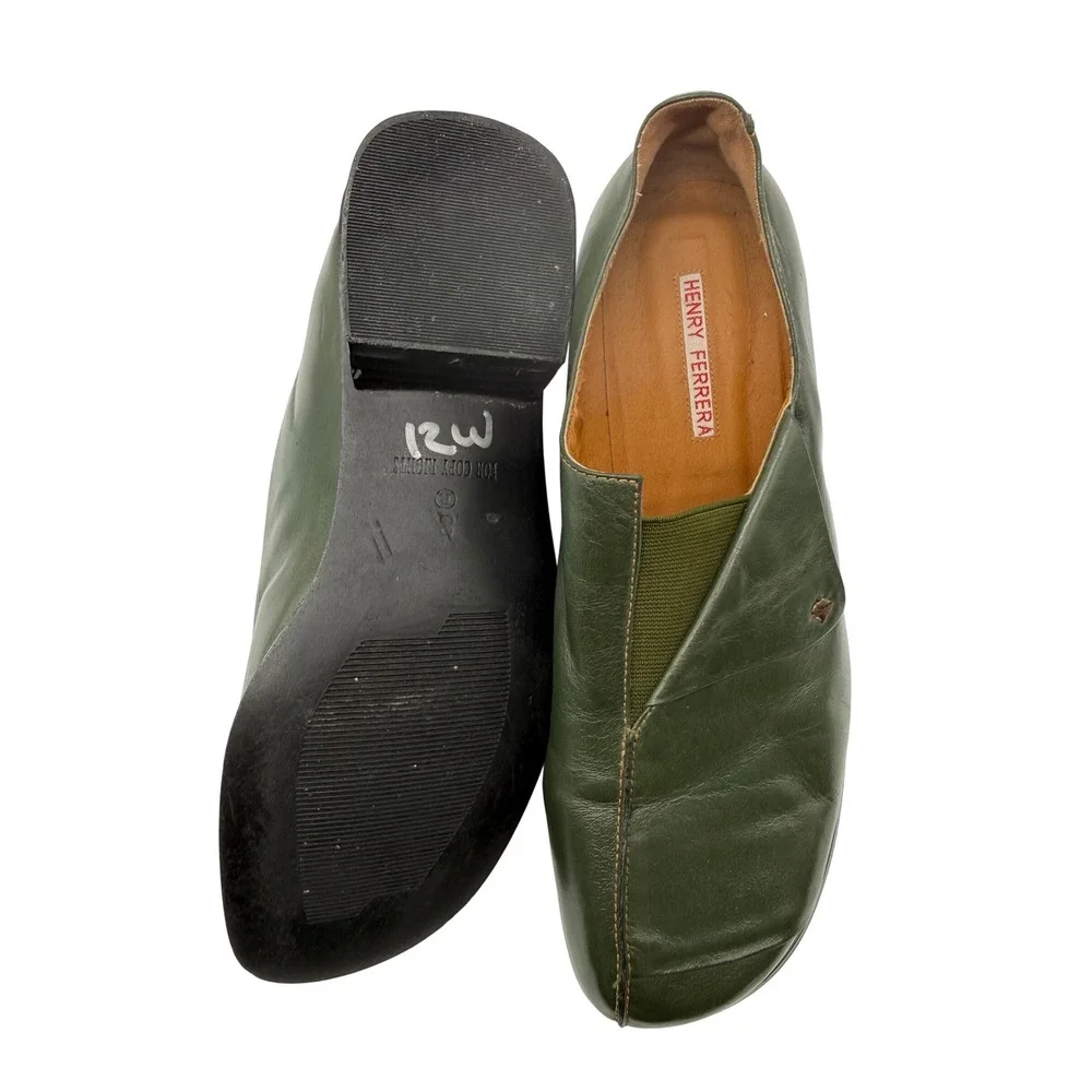 Henry Ferrera Slip On Shoes Womens 11 Green Excellent Leather Loafers Square Toe